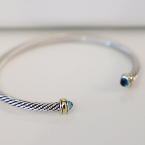 David Yurman 4mm Sterling Silver Hampton Blue Topaz & 18K Gold Cable Bracelet - Picture 2 of 7